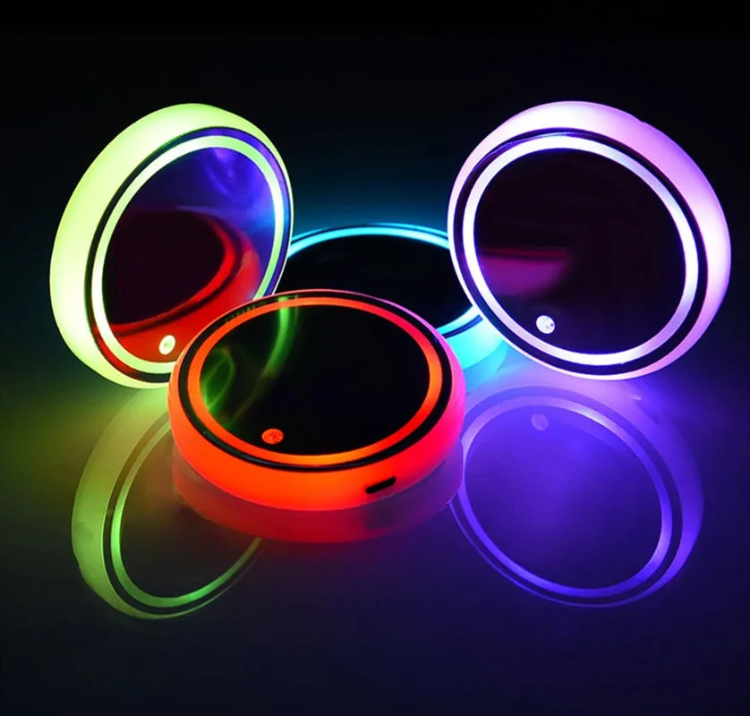 2 Pcs 7 Colors Car LED Cup Holder Light Mats Car Coasters Bottle Atmosphere Light Constellation Backlight LED Cup Holder Pads