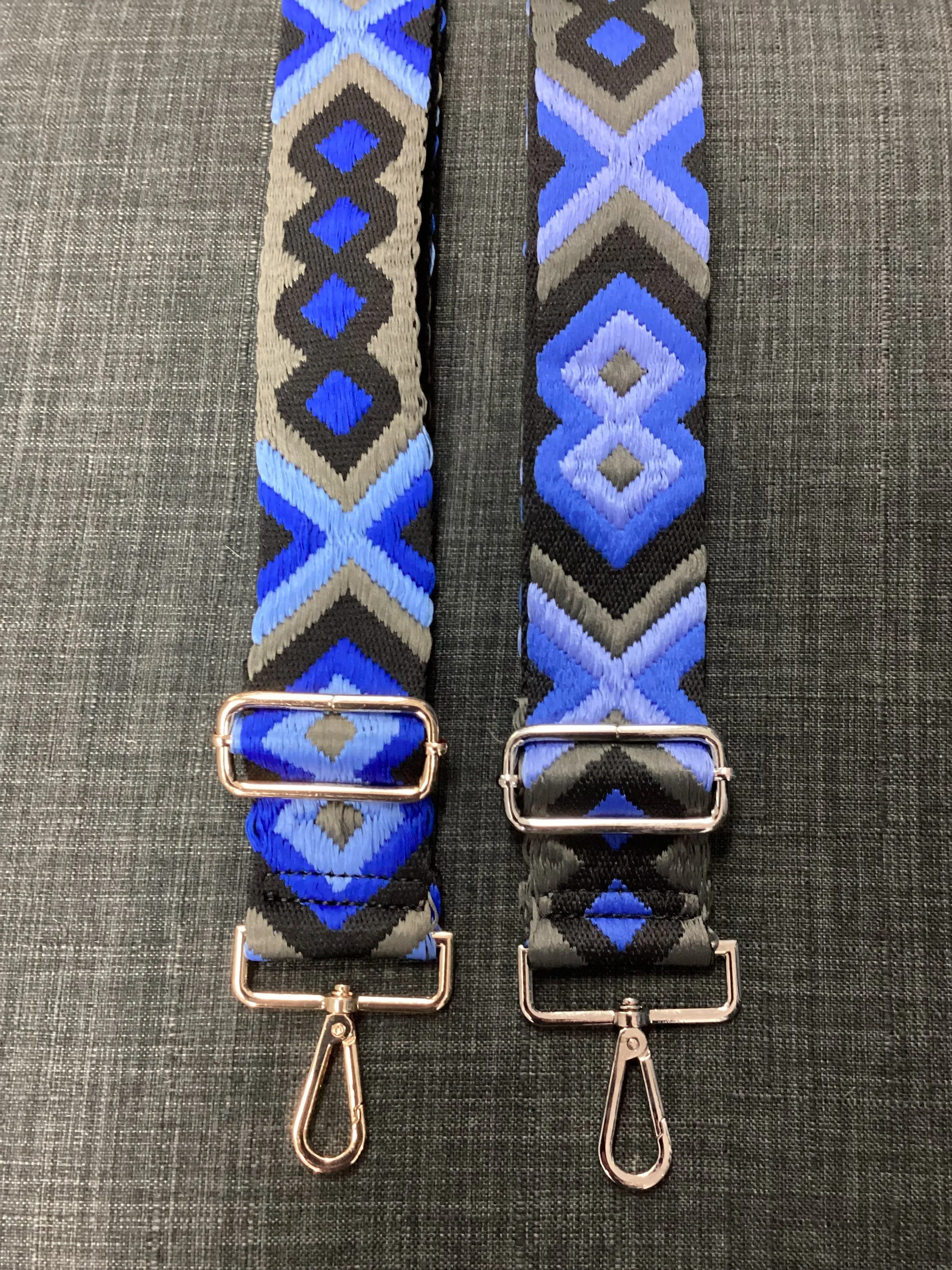AZTEC BAG STRAP- Blue/Blk/Grey Mix - Gold/Silver Hardware