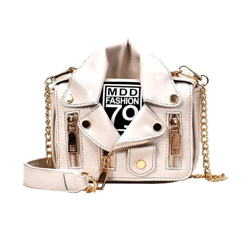 BATTLERLOVER Chain Rivet Zipper Motorcycle Jacket Crossbody Shoulder Bag Handbag