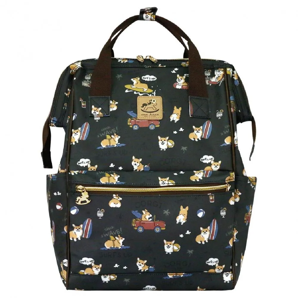 Black Surfing Corgi Large Opening Backpack