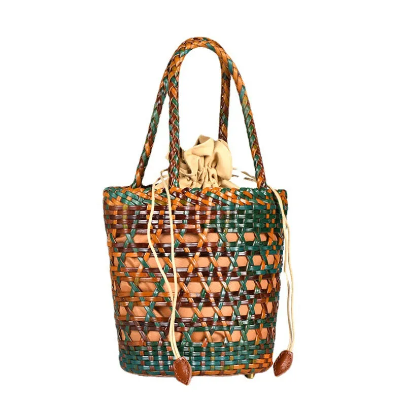 Chic Womens Woven Genuine Leather Bucket Bags Leather Handbags For Women