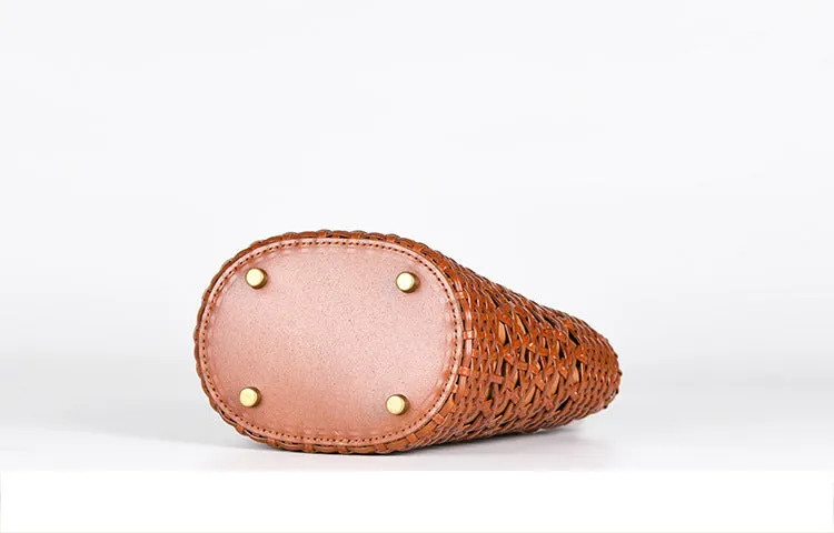Chic Womens Woven Genuine Leather Bucket Bags Leather Handbags For Women