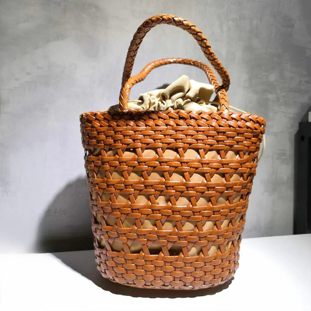 Chic Womens Woven Genuine Leather Bucket Bags Leather Handbags For Women