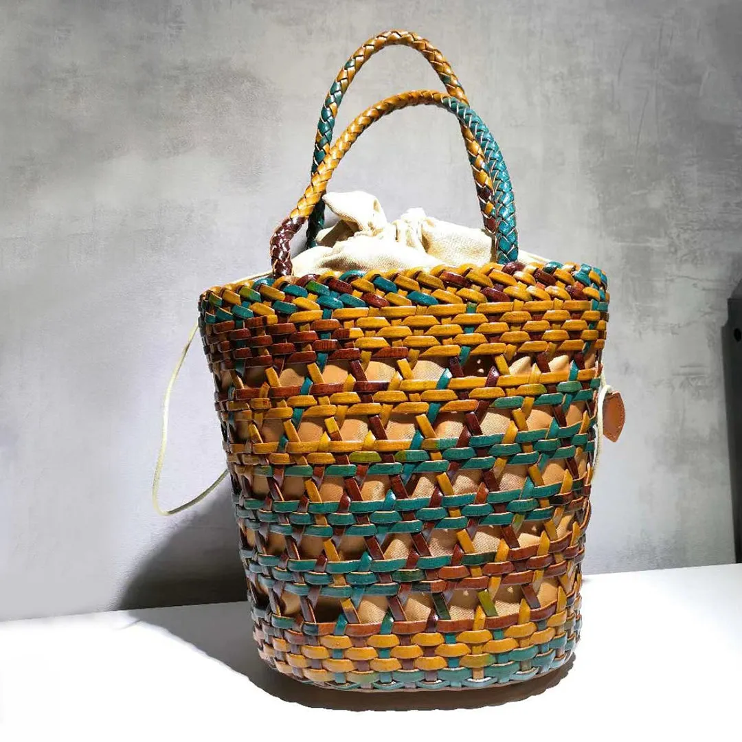 Chic Womens Woven Genuine Leather Bucket Bags Leather Handbags For Women