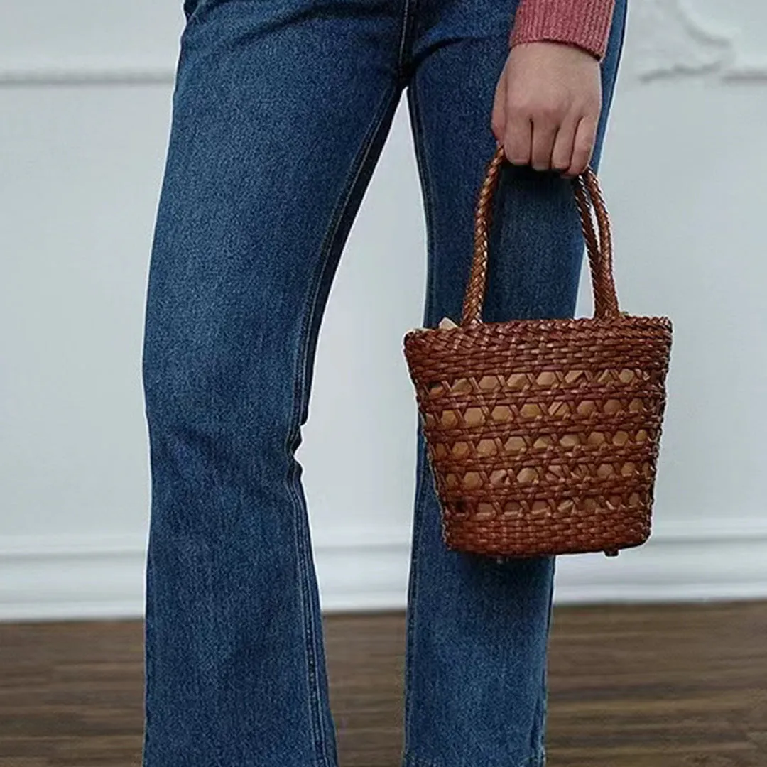 Chic Womens Woven Genuine Leather Bucket Bags Leather Handbags For Women