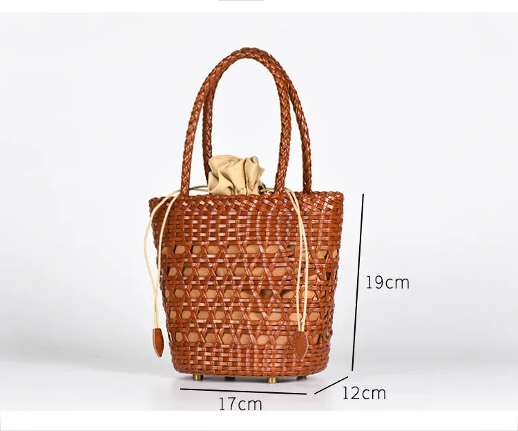 Chic Womens Woven Genuine Leather Bucket Bags Leather Handbags For Women