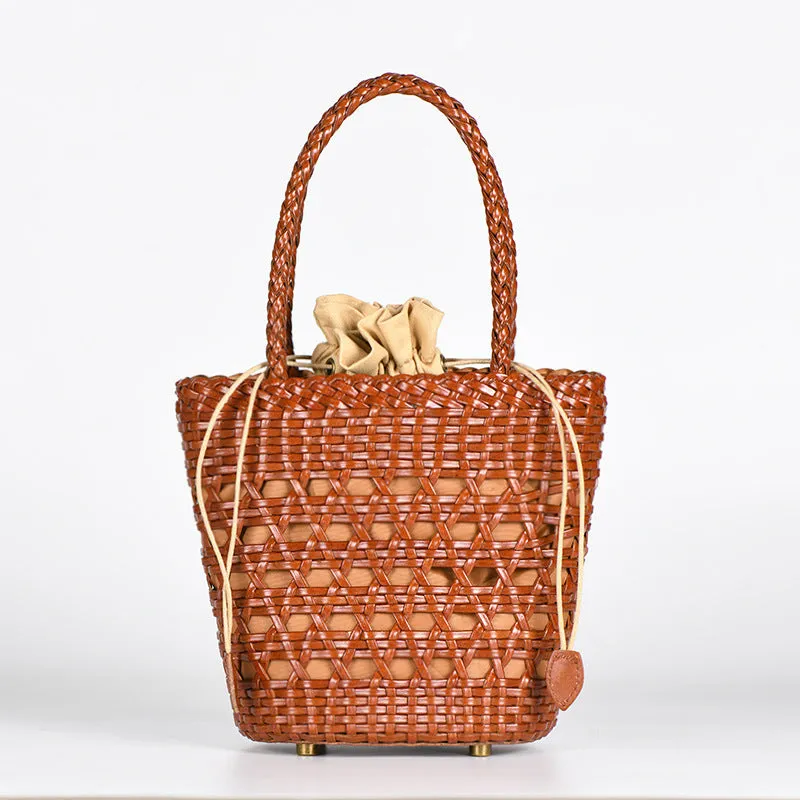 Chic Womens Woven Genuine Leather Bucket Bags Leather Handbags For Women