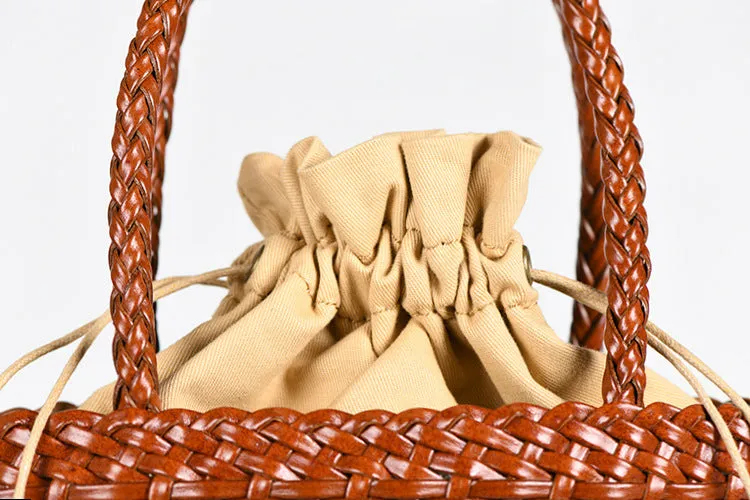 Chic Womens Woven Genuine Leather Bucket Bags Leather Handbags For Women