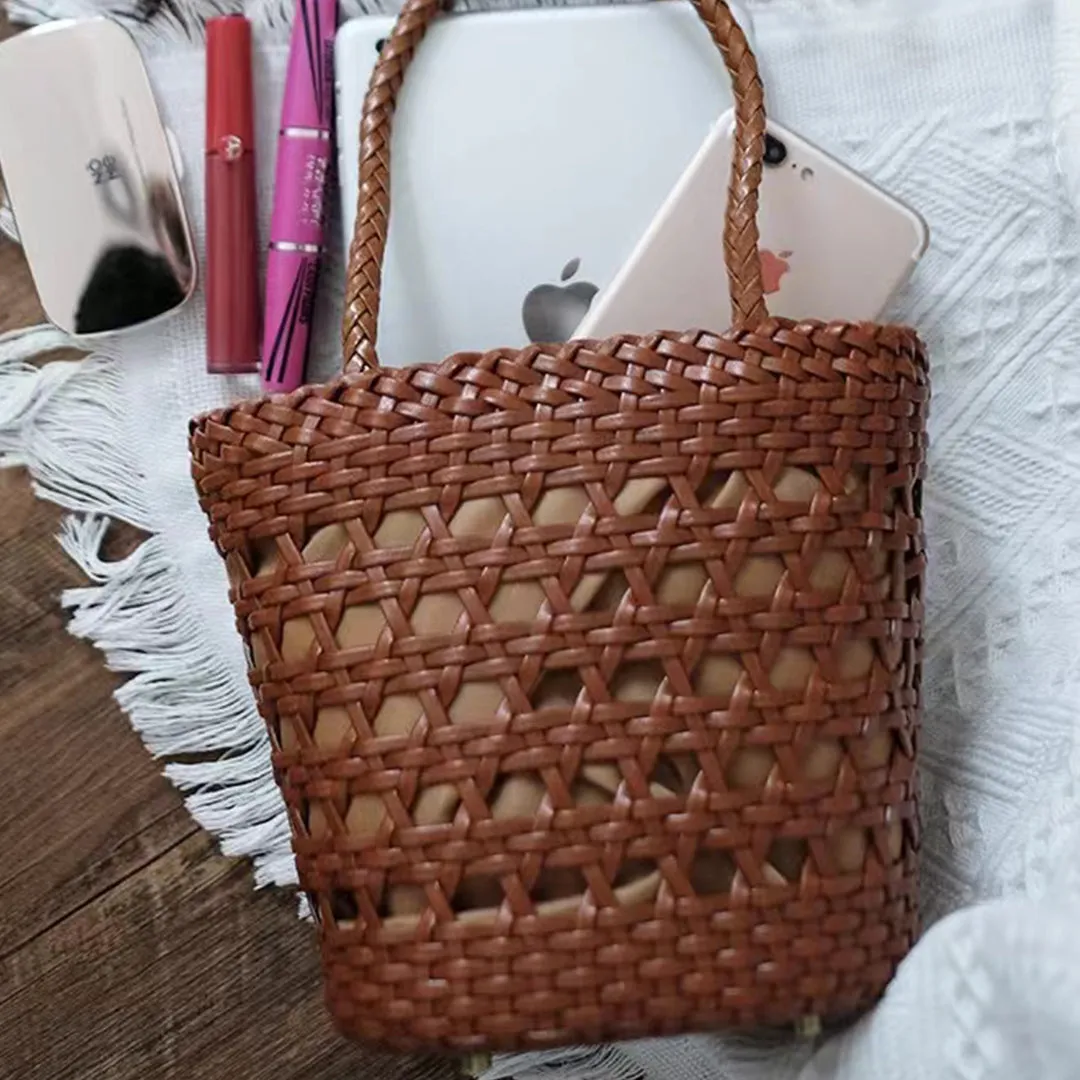 Chic Womens Woven Genuine Leather Bucket Bags Leather Handbags For Women