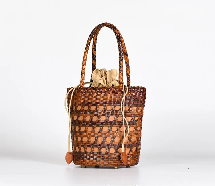 Chic Womens Woven Genuine Leather Bucket Bags Leather Handbags For Women