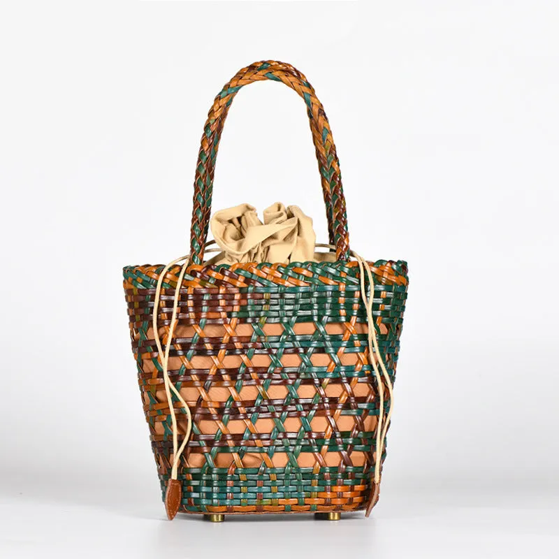 Chic Womens Woven Genuine Leather Bucket Bags Leather Handbags For Women