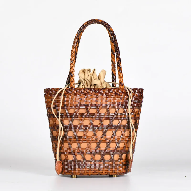 Chic Womens Woven Genuine Leather Bucket Bags Leather Handbags For Women