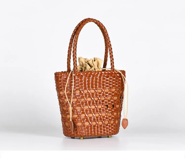Chic Womens Woven Genuine Leather Bucket Bags Leather Handbags For Women