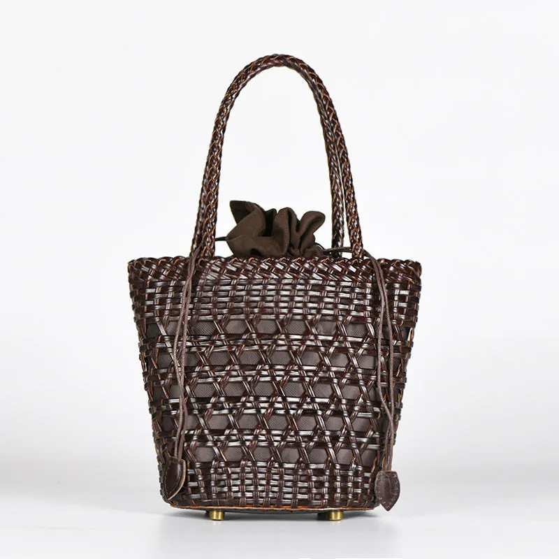 Chic Womens Woven Genuine Leather Bucket Bags Leather Handbags For Women