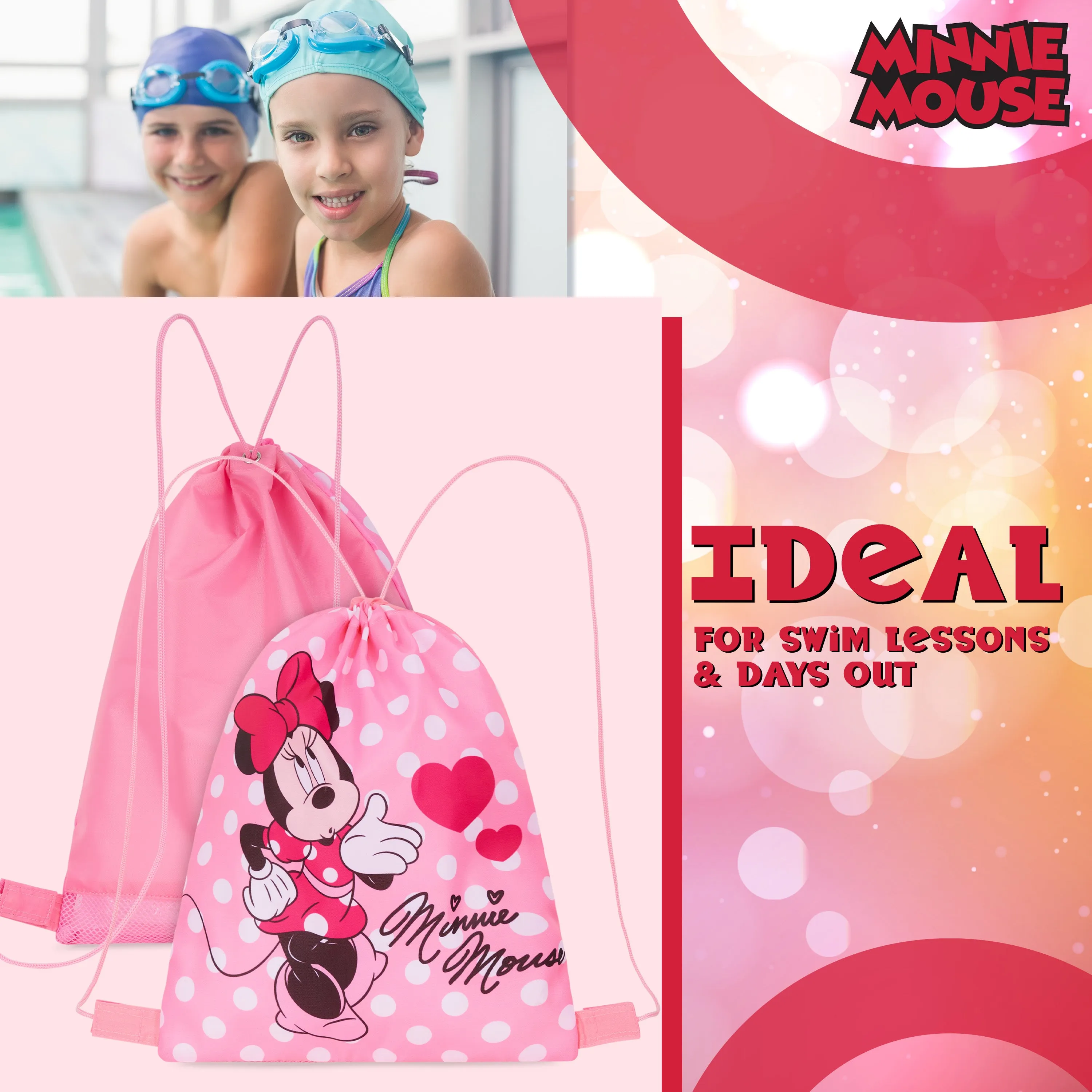 Disney Kids Drawstring Bags, 29 x 38cm Swimming Bag with Airflow Vent - Minnie