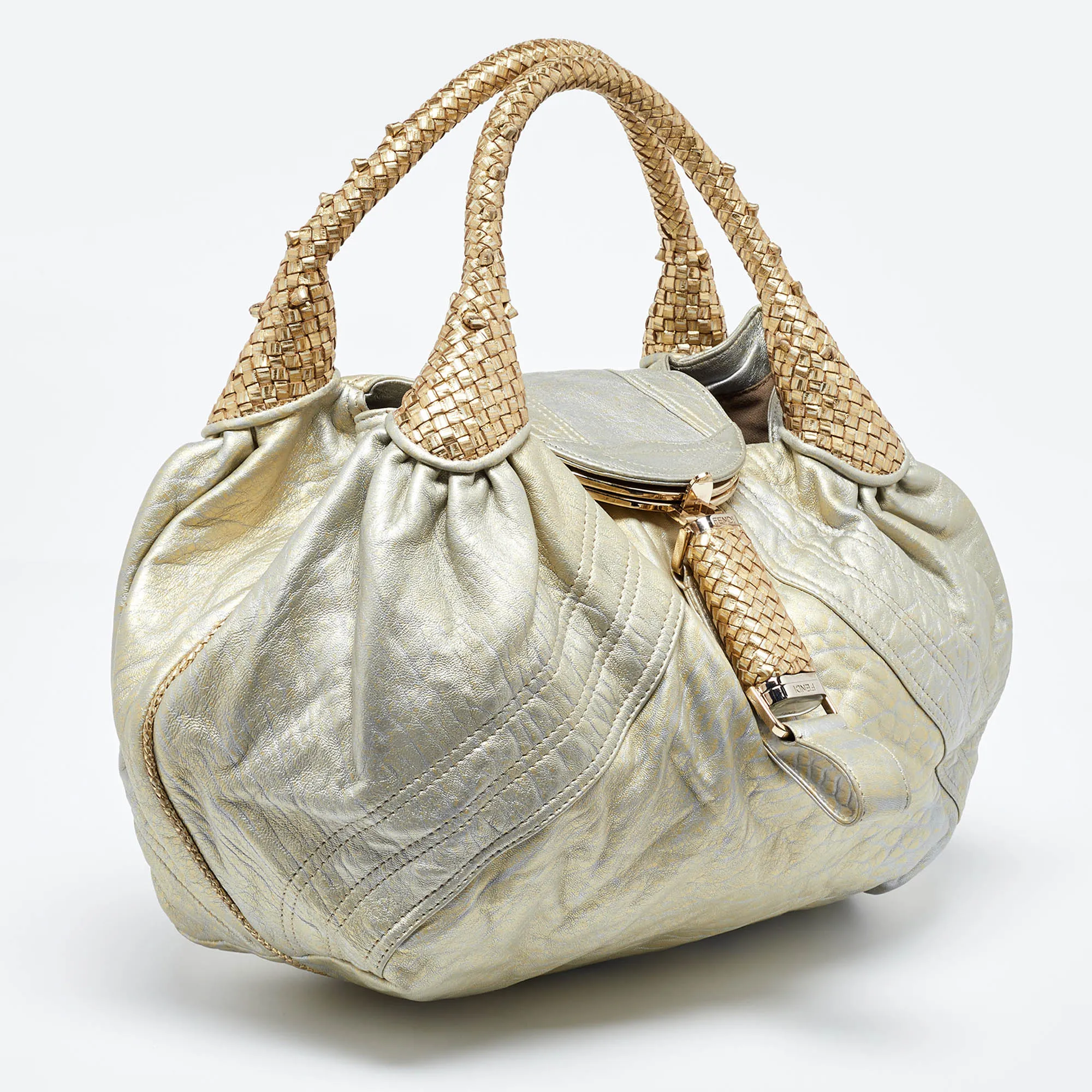 Fendi Metallic Gold Textured Leather Spy Hobo