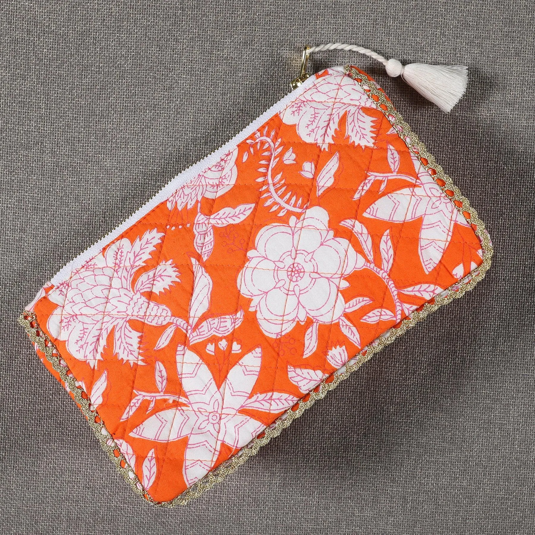 Floral Orange Cotton 3D Pouch