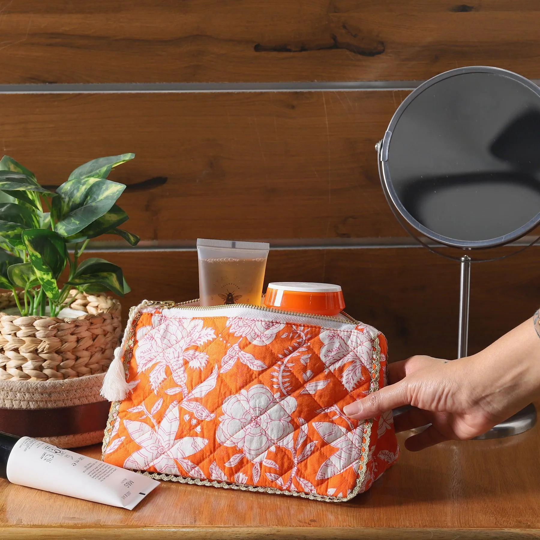 Floral Orange Cotton 3D Pouch