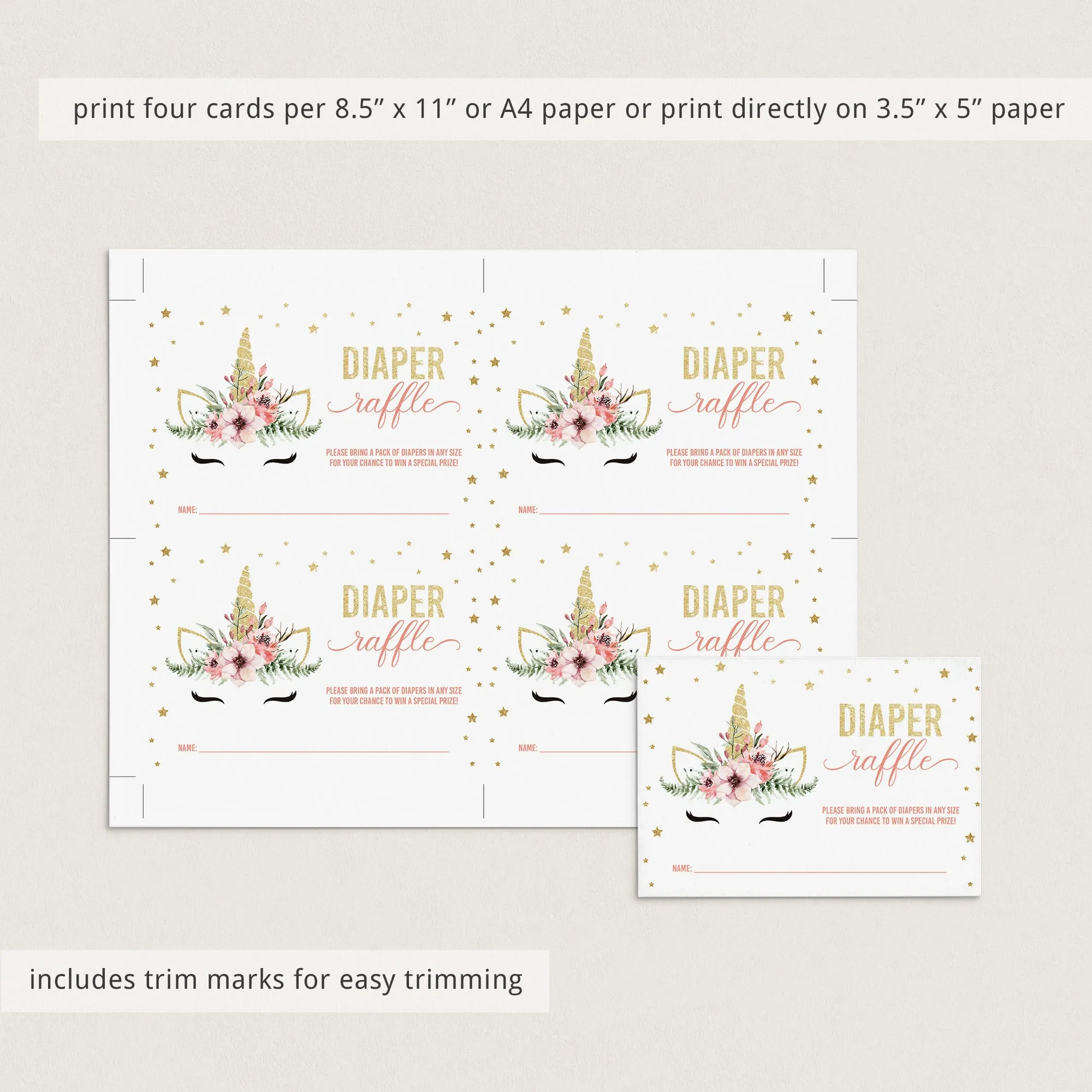 Gold and Pink Unicorn Baby Shower Diaper Raffle Tickets Printable