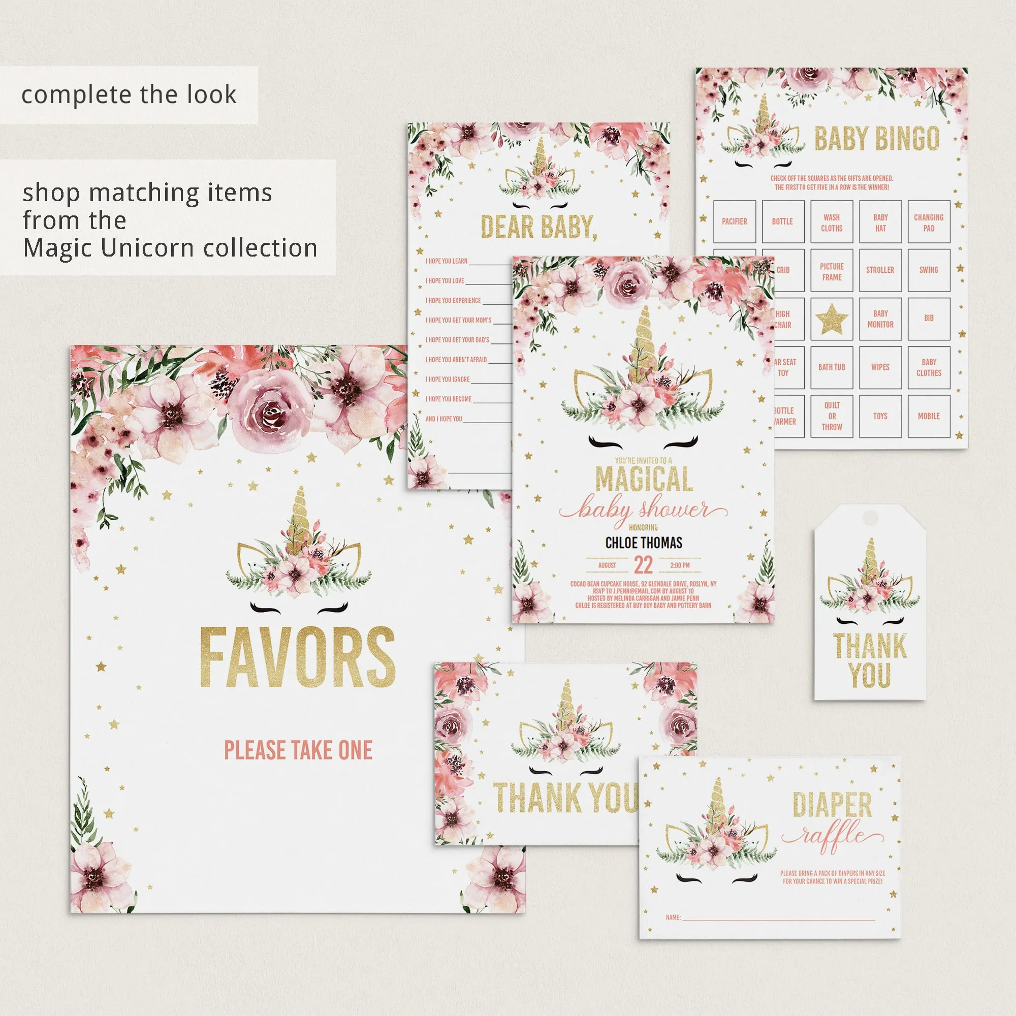 Gold and Pink Unicorn Baby Shower Diaper Raffle Tickets Printable