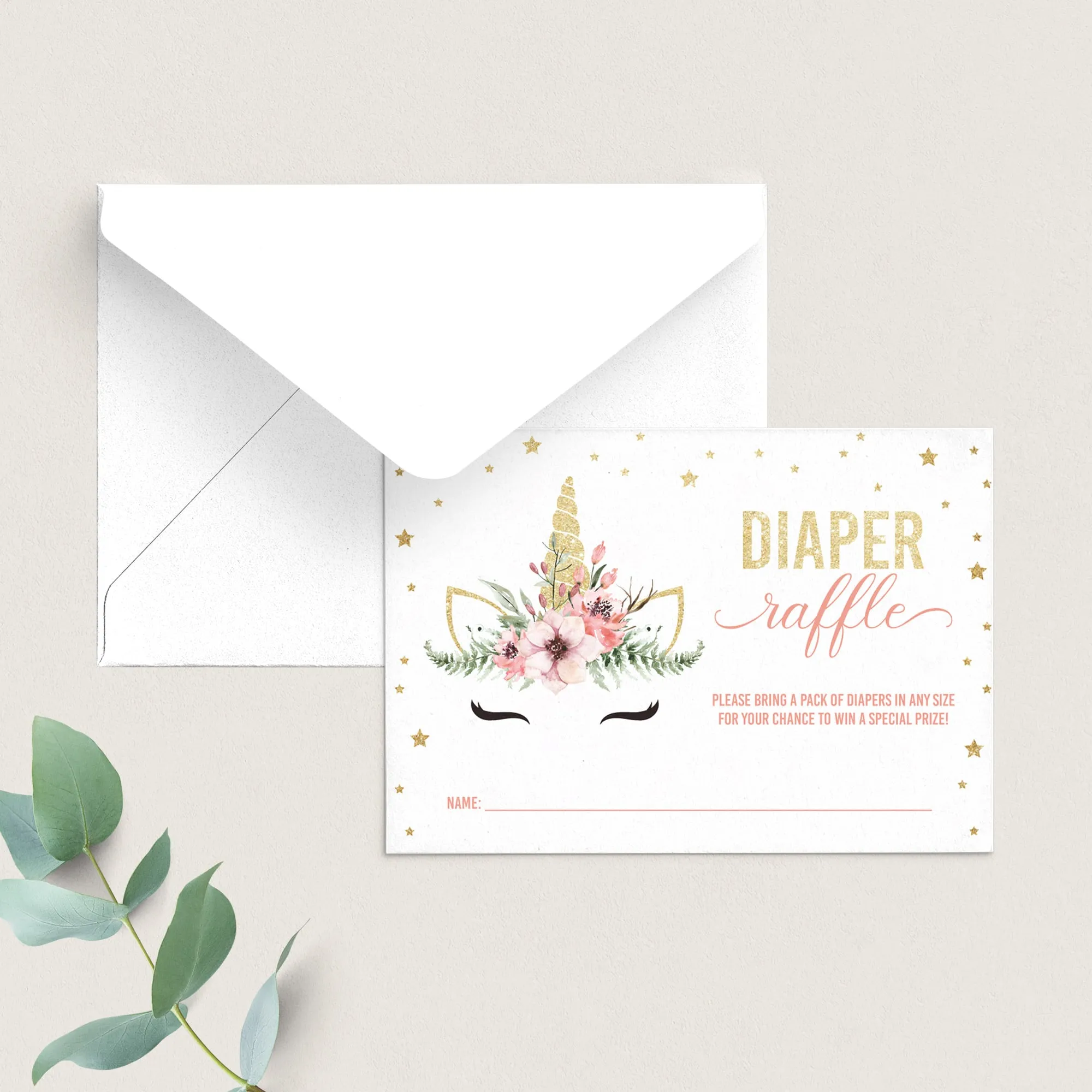 Gold and Pink Unicorn Baby Shower Diaper Raffle Tickets Printable