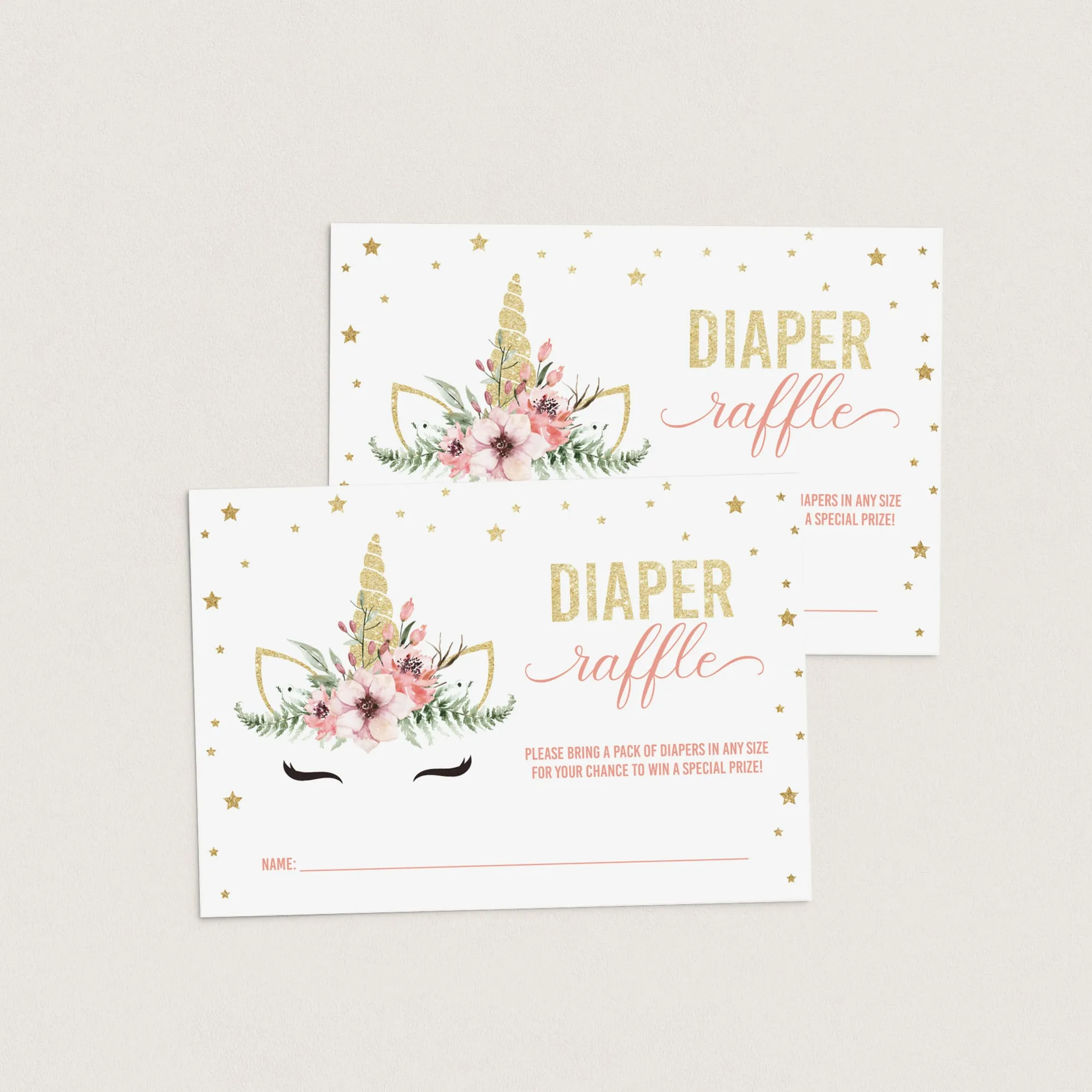 Gold and Pink Unicorn Baby Shower Diaper Raffle Tickets Printable