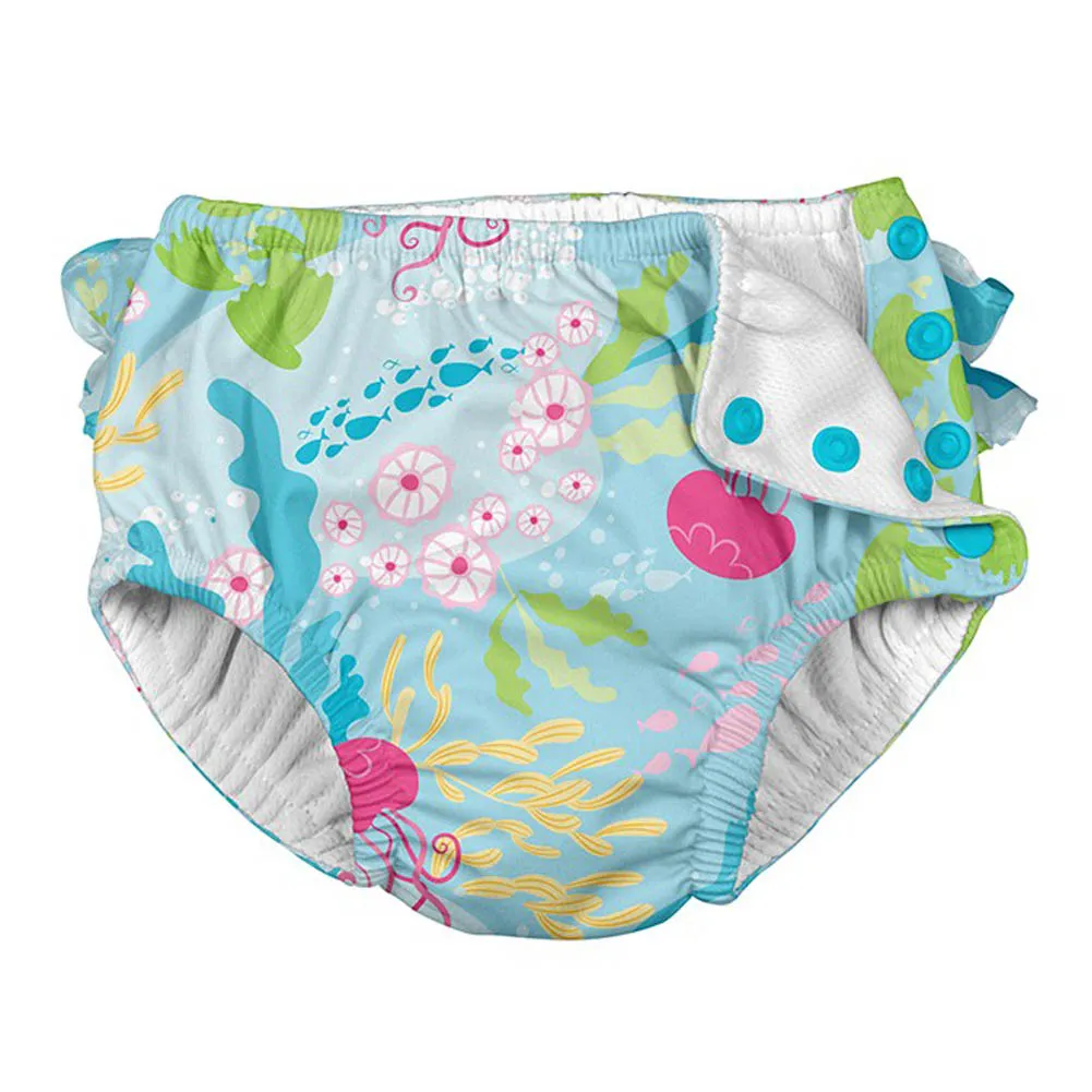 iPlay Ruffle Snap Reusable Absorbent Swimsuit Diaper - Aqua Coral Reef (24 Months)