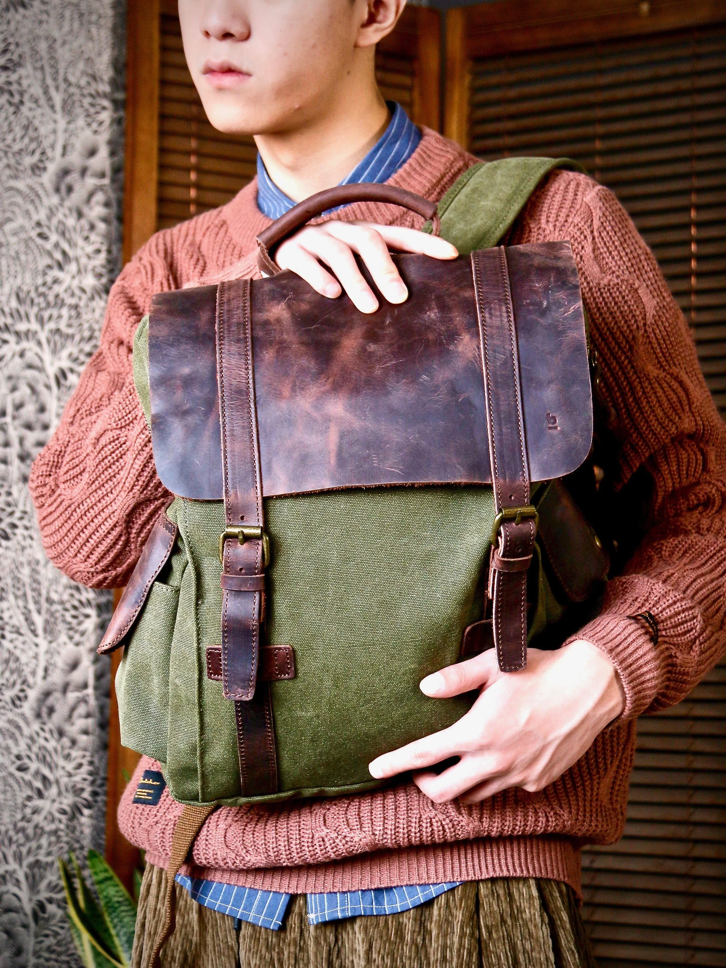 Leather Cover Olive Rucksack