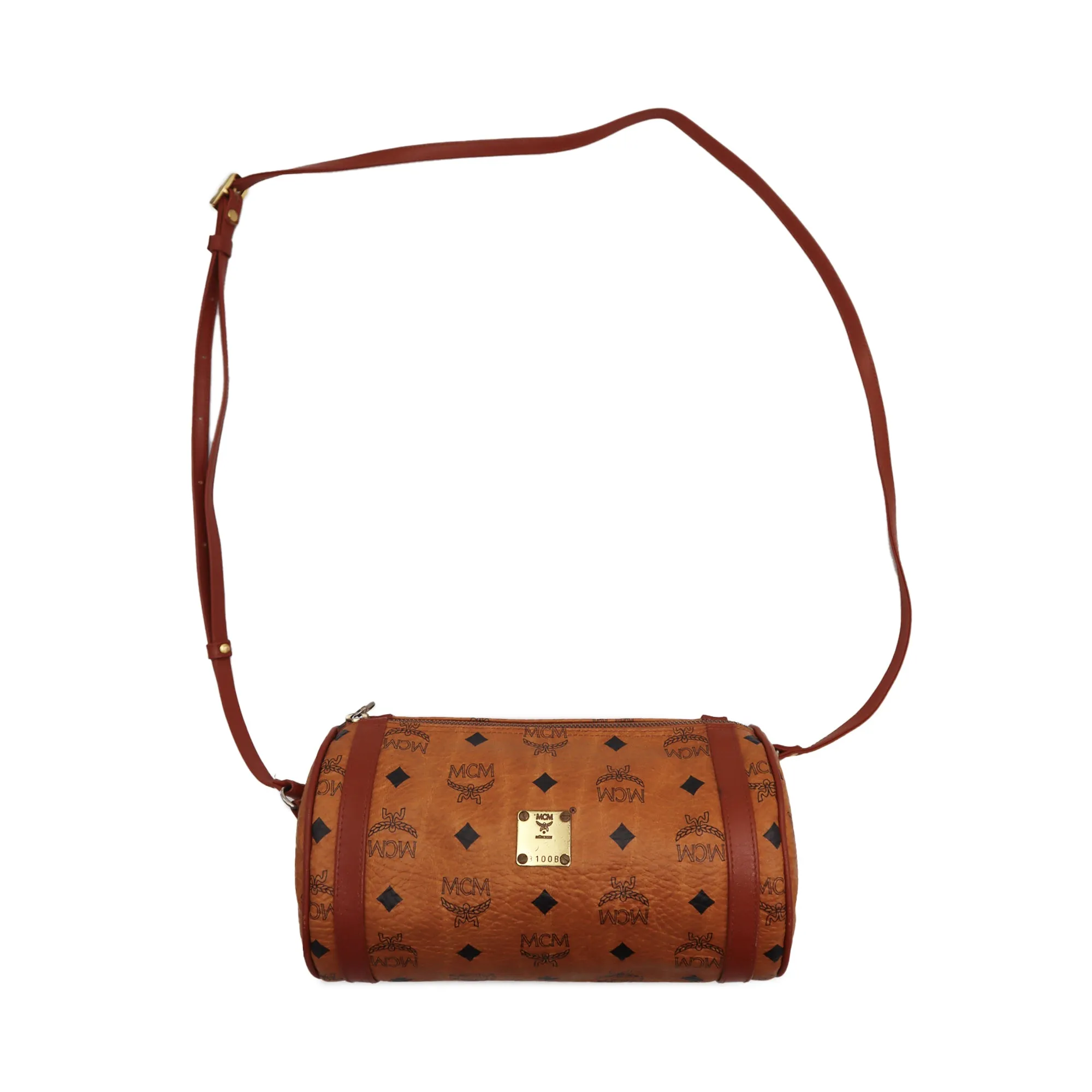 MCM Visetos Leather Barrel Crossbody Bag