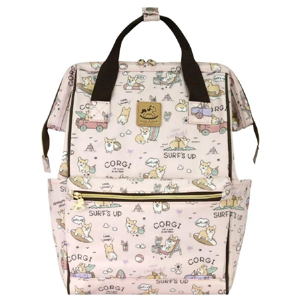 Pink Surfing Corgi Large Opening Backpack