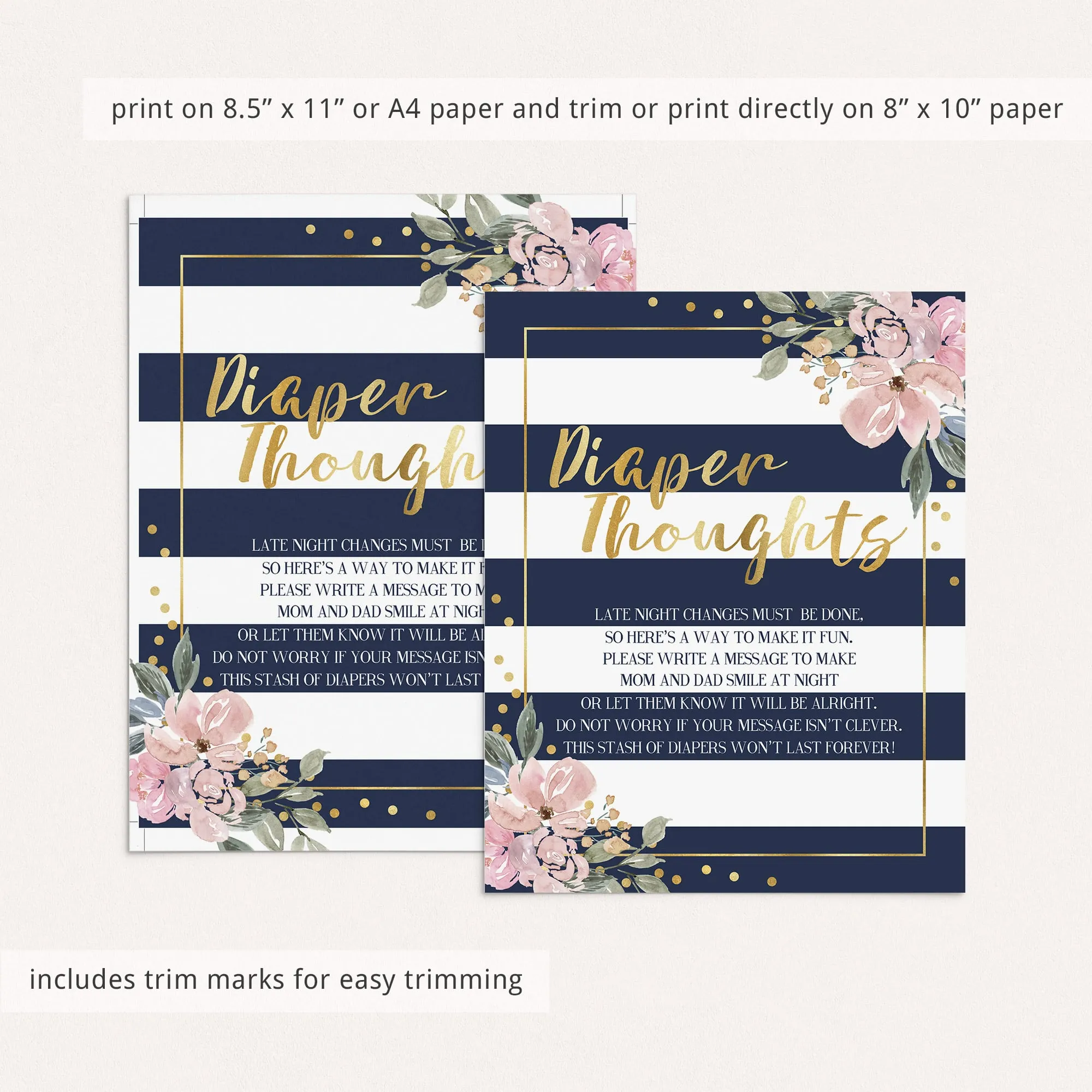 Printable Diaper Thoughts Baby Shower Activity Navy, Pink and Gold