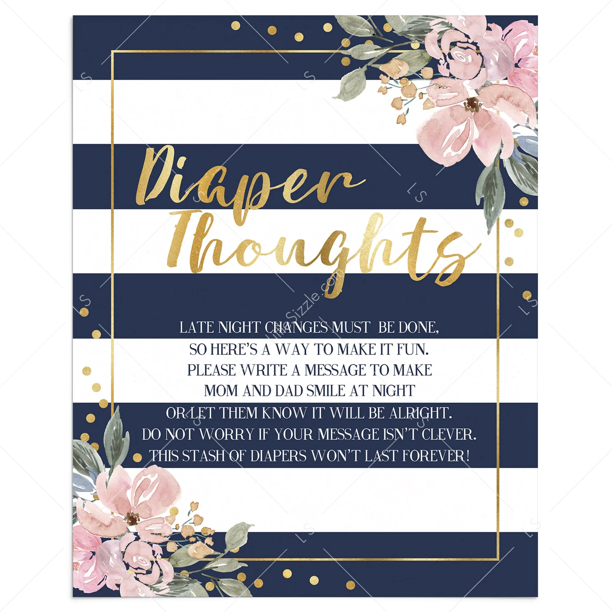 Printable Diaper Thoughts Baby Shower Activity Navy, Pink and Gold