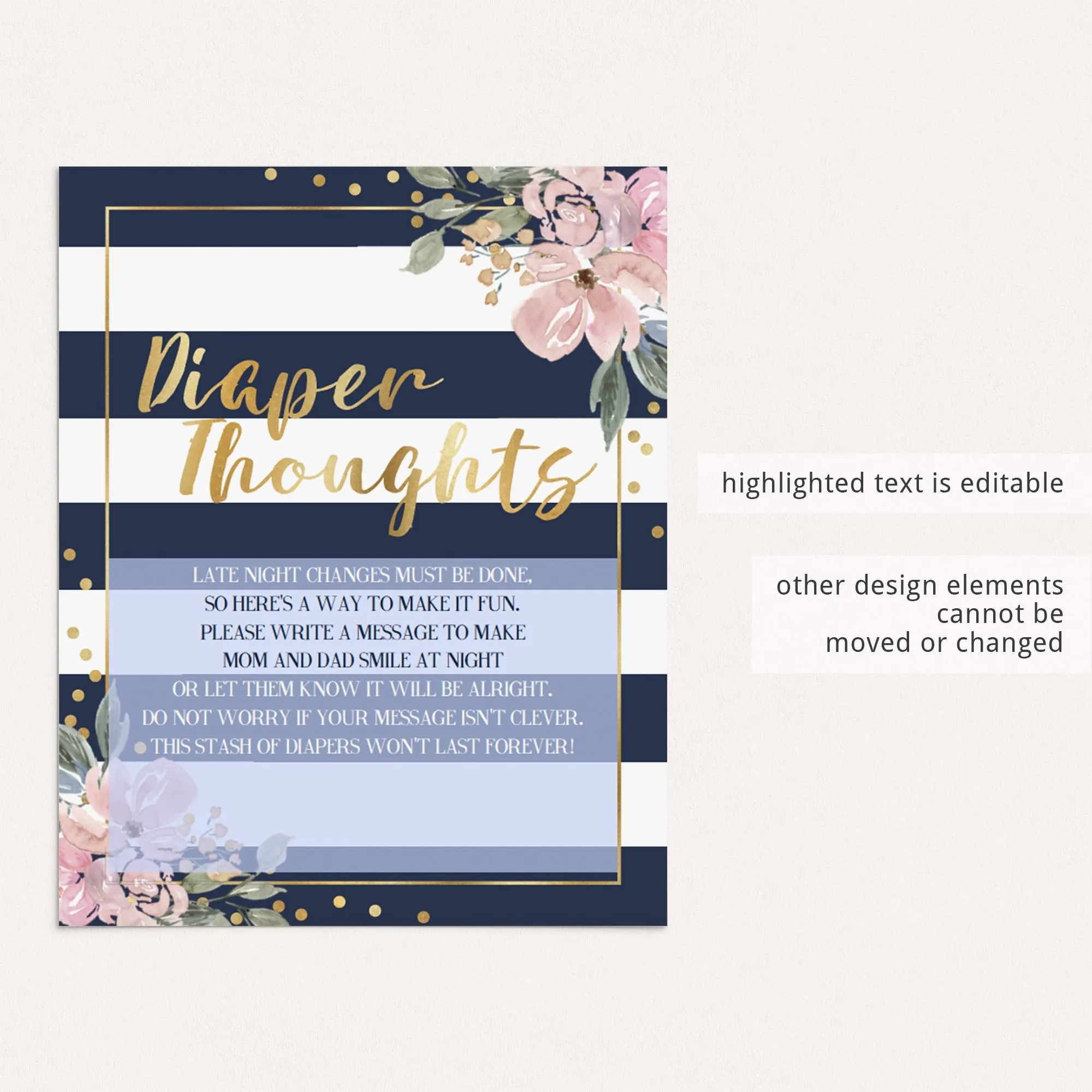 Printable Diaper Thoughts Baby Shower Activity Navy, Pink and Gold