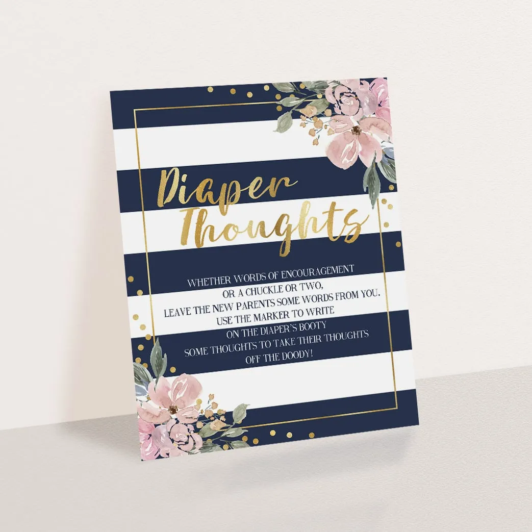 Printable Diaper Thoughts Baby Shower Activity Navy, Pink and Gold