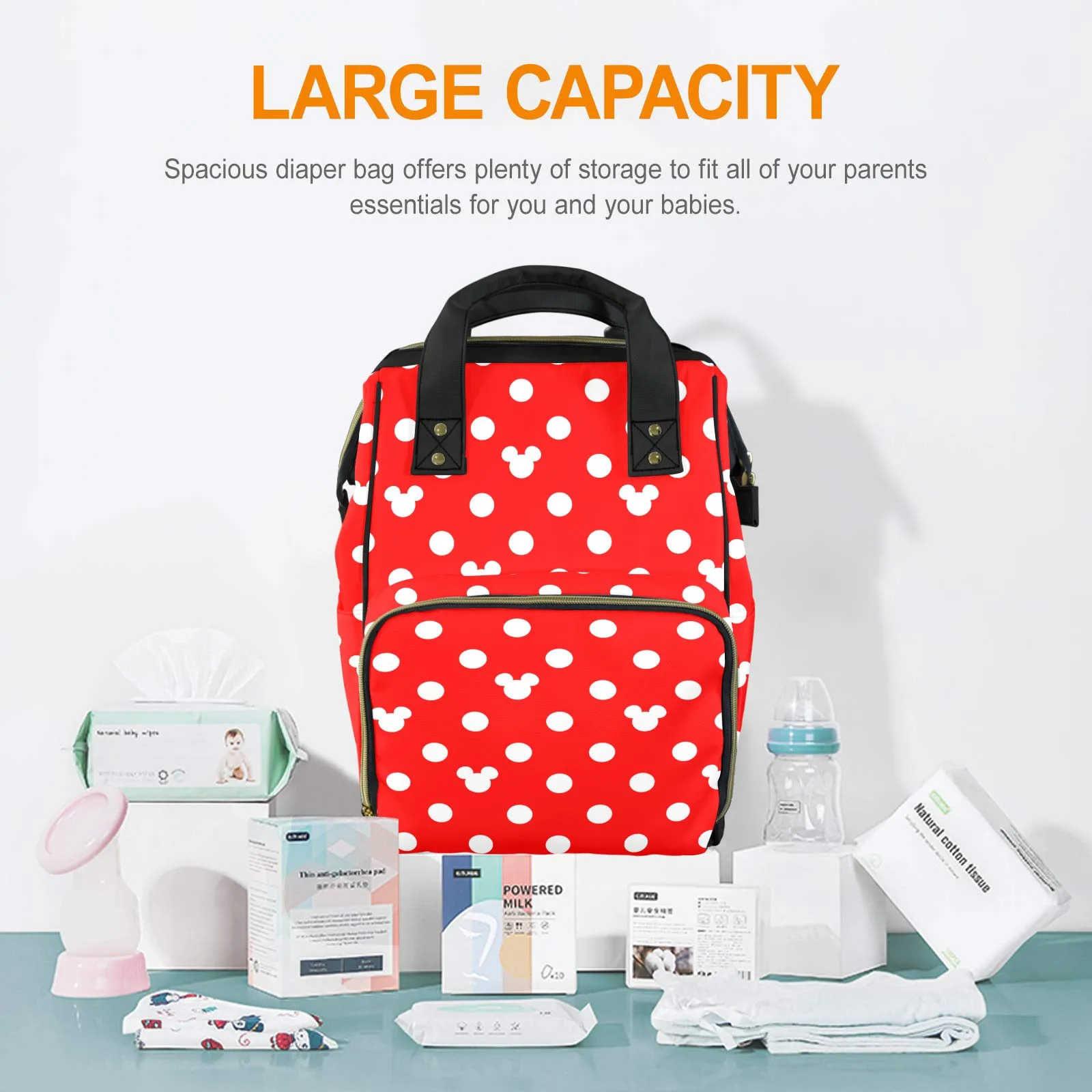 Red With White Mickey Polka Dots Multi-Function Diaper Bag