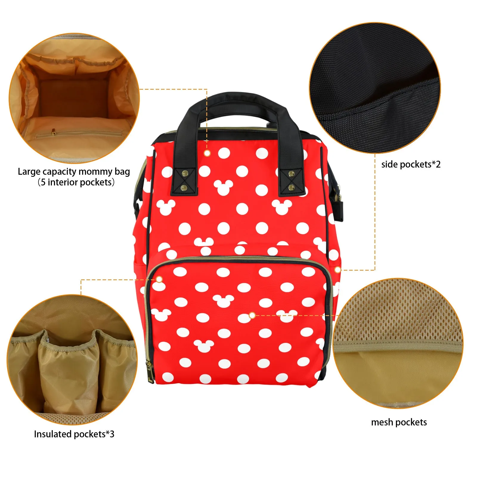 Red With White Mickey Polka Dots Multi-Function Diaper Bag