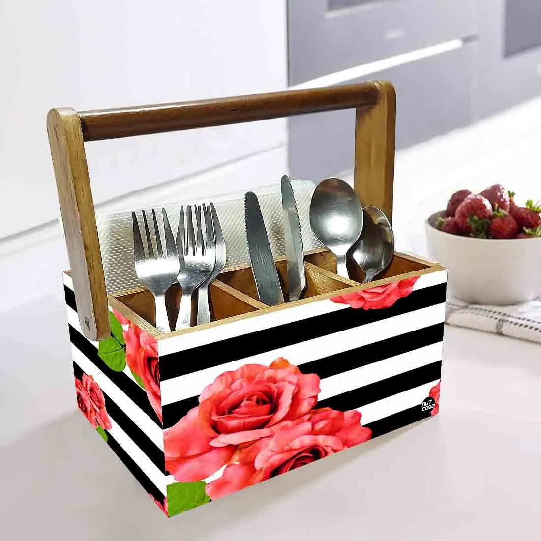 Restaurant Silverware Holder With Handle for Spoons Forks Knives Tissue - Floral Strips