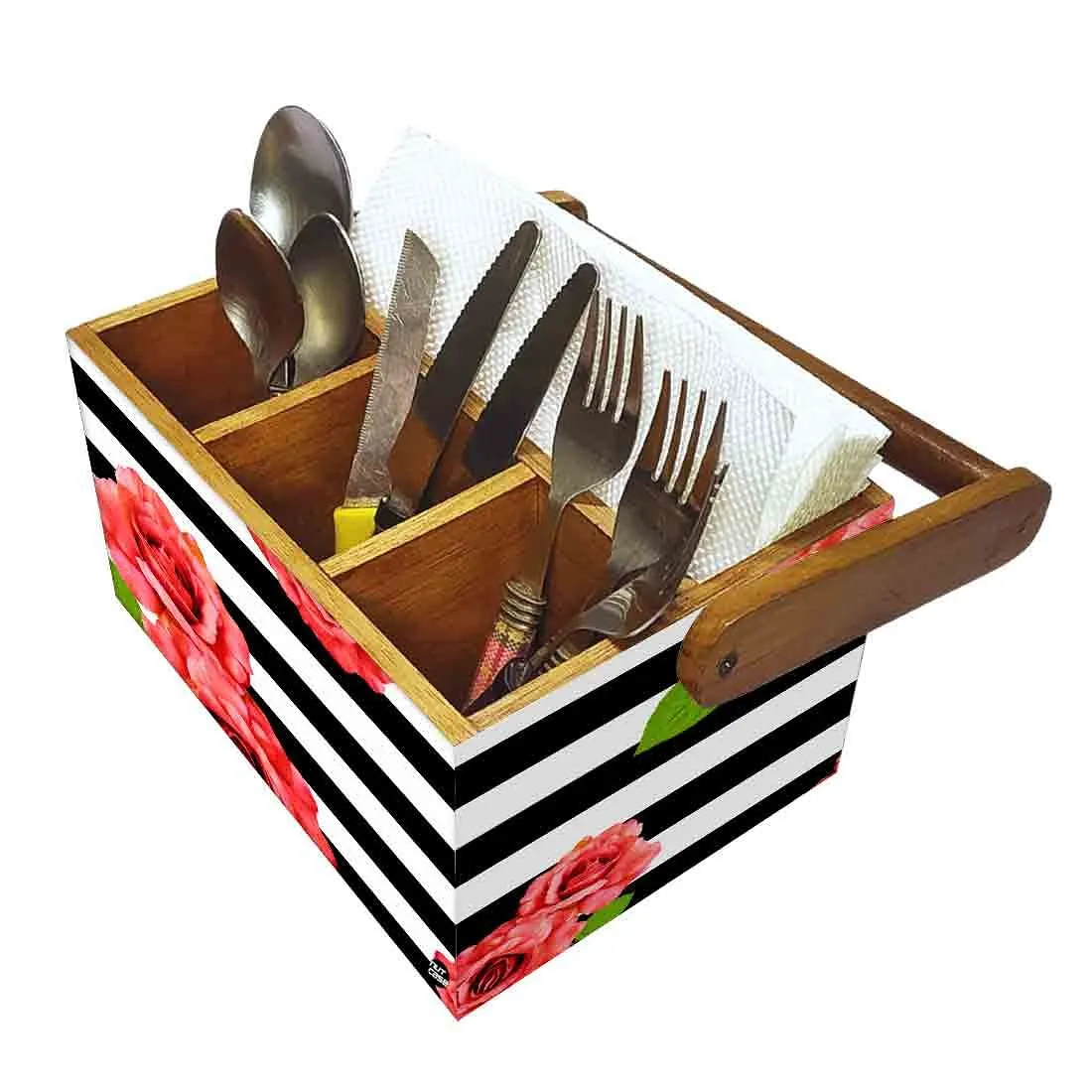 Restaurant Silverware Holder With Handle for Spoons Forks Knives Tissue - Floral Strips