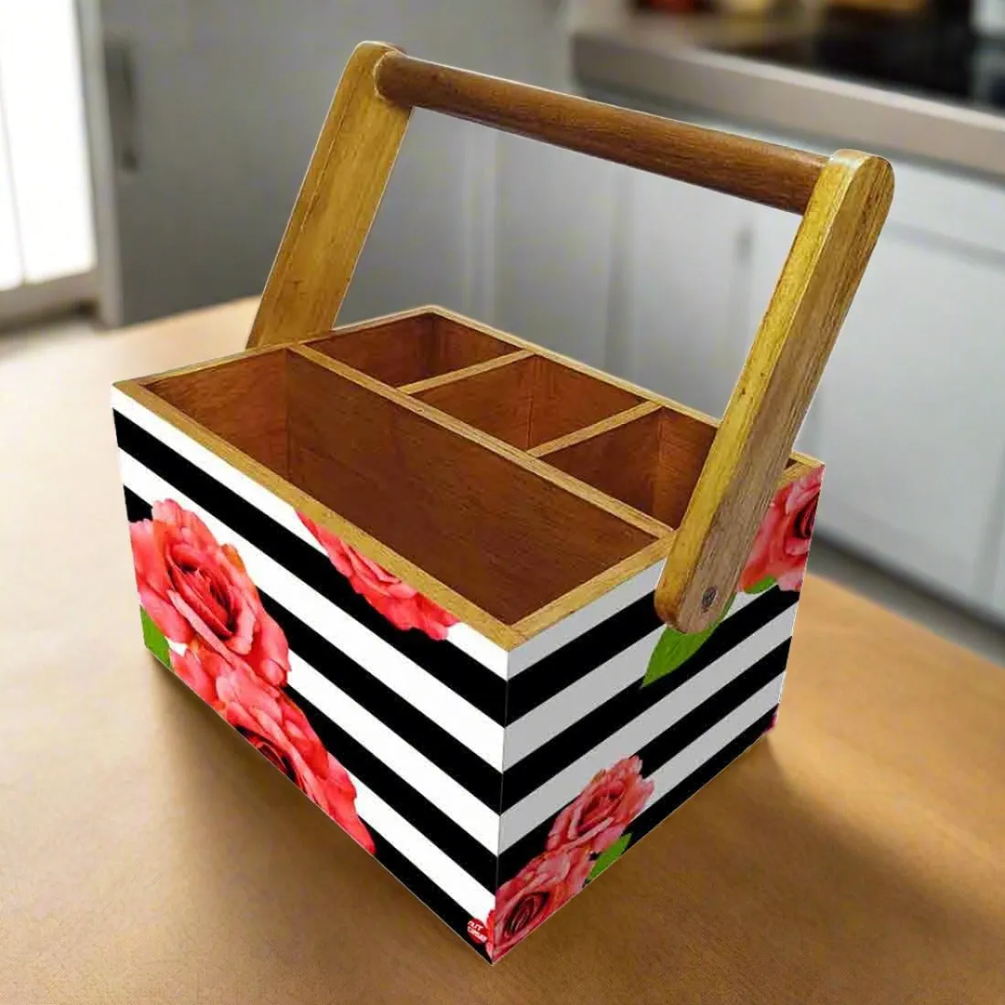Restaurant Silverware Holder With Handle for Spoons Forks Knives Tissue - Floral Strips