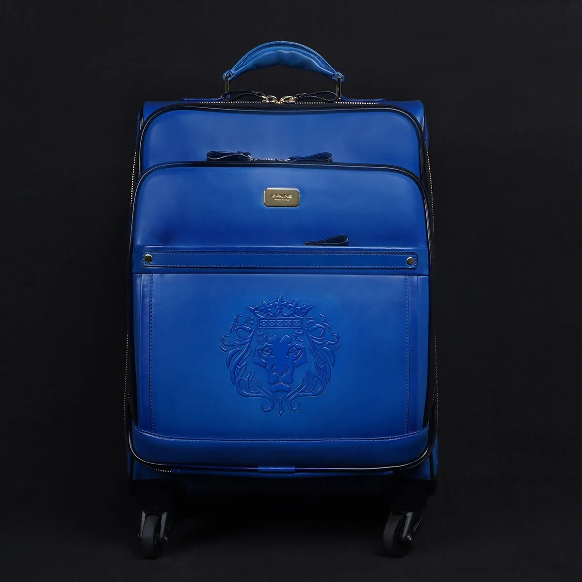 Sky Blue Leather Diamond Stitched Quad Wheel Trolley Bag With Embossed Lion Logo By Brune & Bareskin