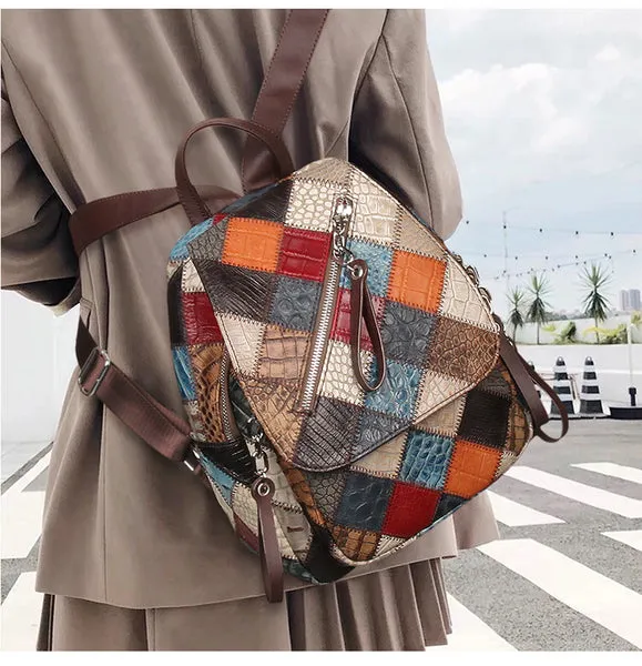 Small Patchwork Zipper Leather Backpack Bag for women