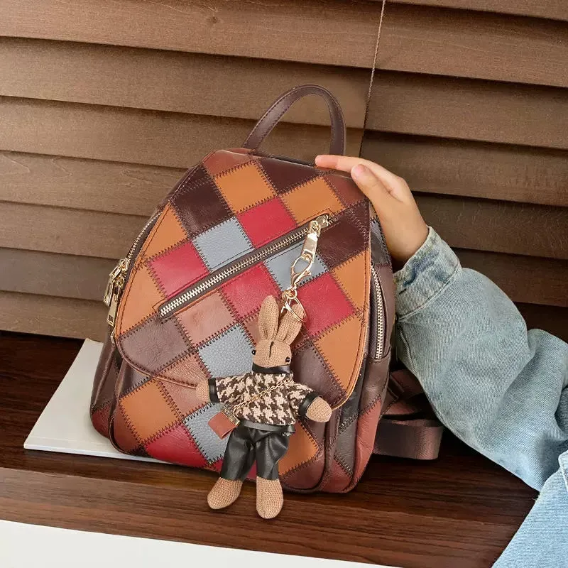 Small Patchwork Zipper Leather Backpack Bag for women