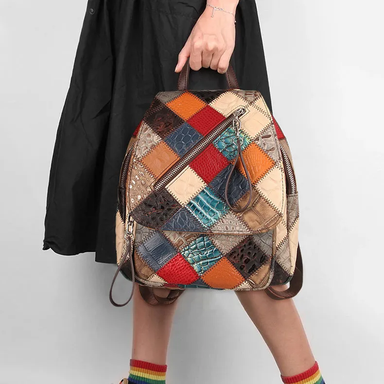 Small Patchwork Zipper Leather Backpack Bag for women