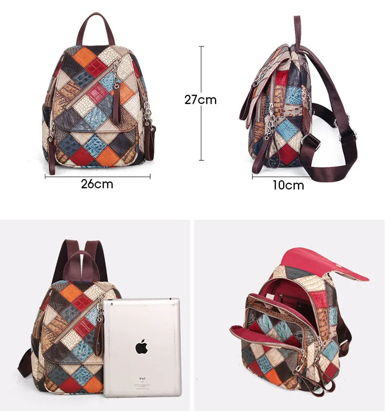 Small Patchwork Zipper Leather Backpack Bag for women