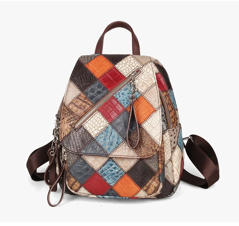 Small Patchwork Zipper Leather Backpack Bag for women
