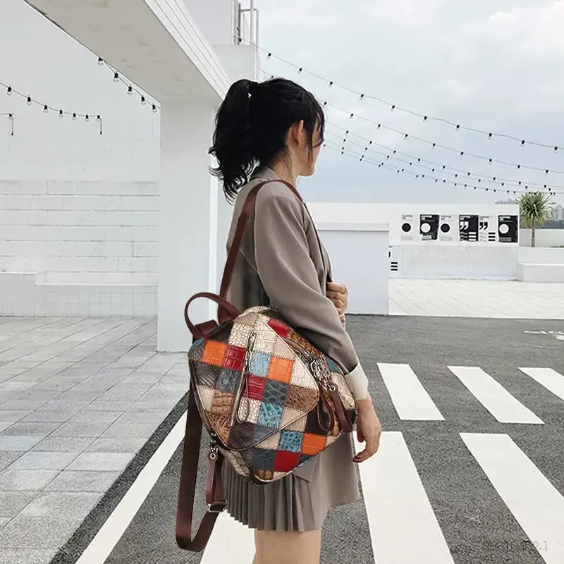 Small Patchwork Zipper Leather Backpack Bag for women