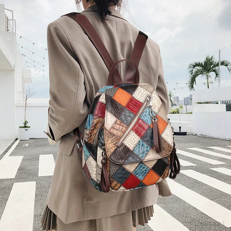 Small Patchwork Zipper Leather Backpack Bag for women