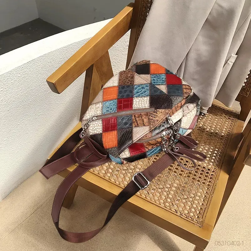 Small Patchwork Zipper Leather Backpack Bag for women