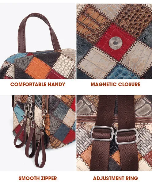 Small Patchwork Zipper Leather Backpack Bag for women