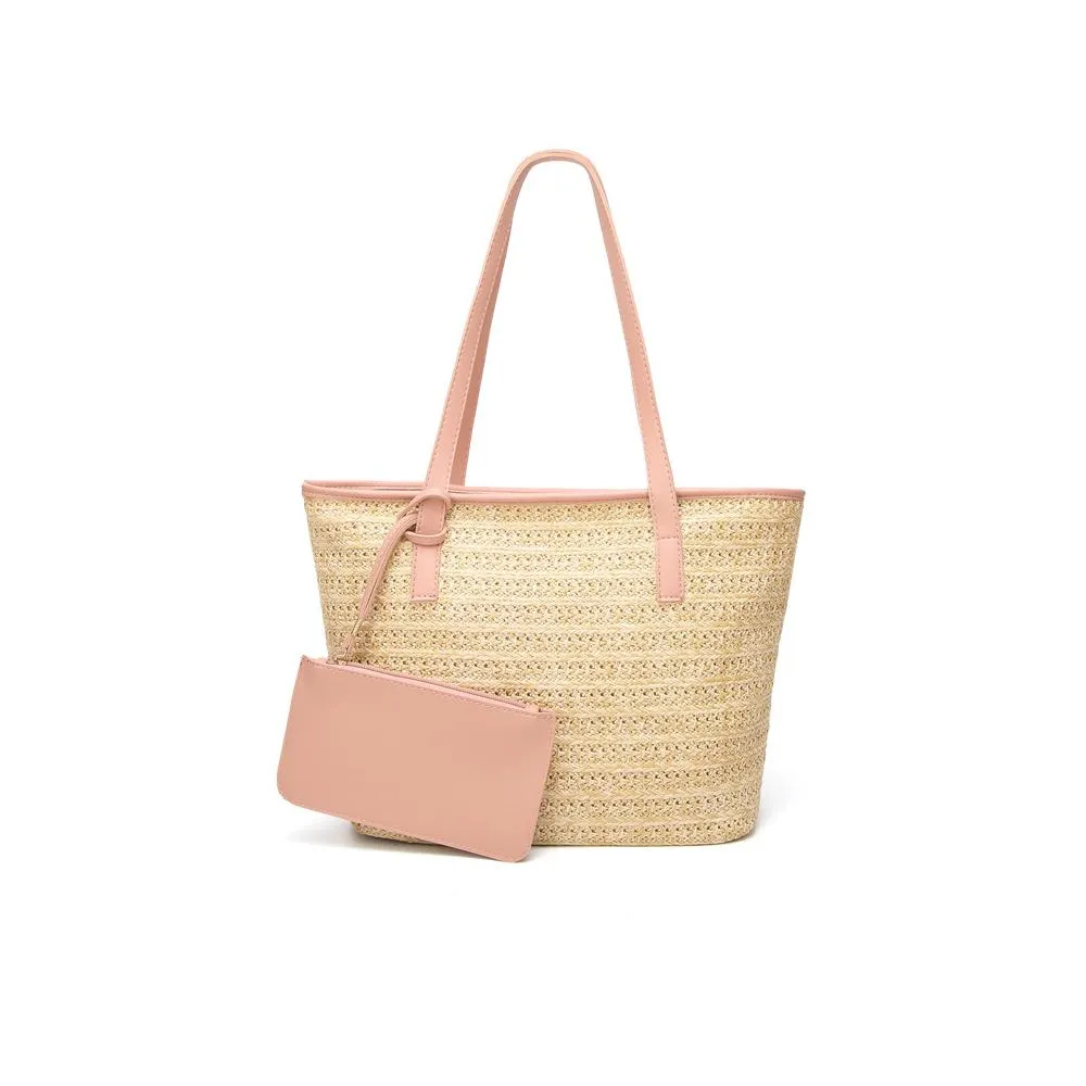 Vegan Leather Trimmed Straw Tote